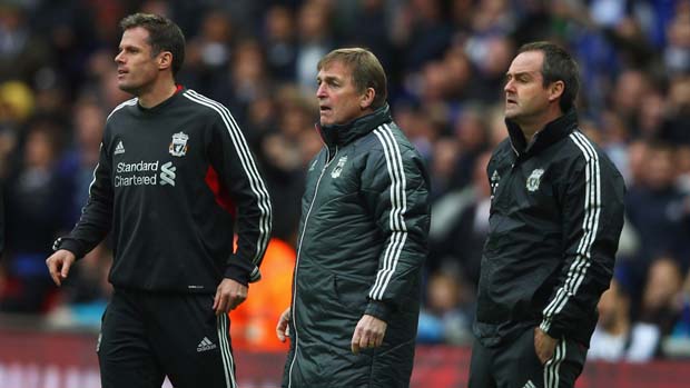 Jamie Carragher stands with Kenny Dalglish and Steve Clarke.